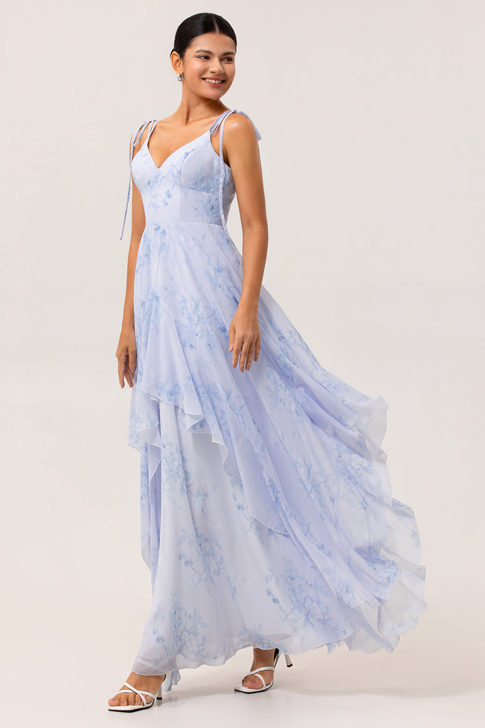 Floral Blue A Line Ruffled Spaghetti Straps Long Chiffon Wedding Guest Dress