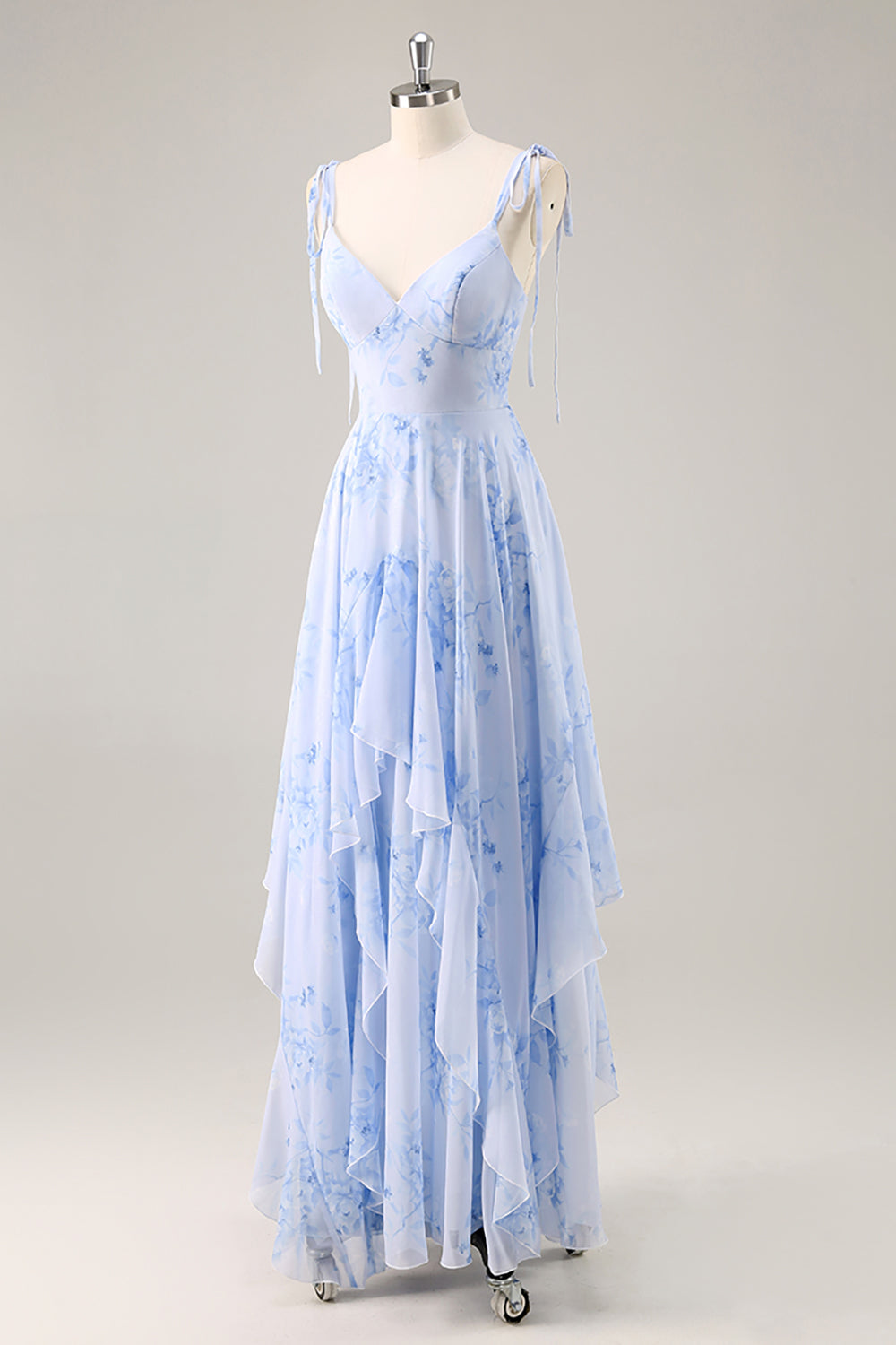Floral Blue Chiffon Spaghetti Straps Long Wedding Guest Dress with Ruffles