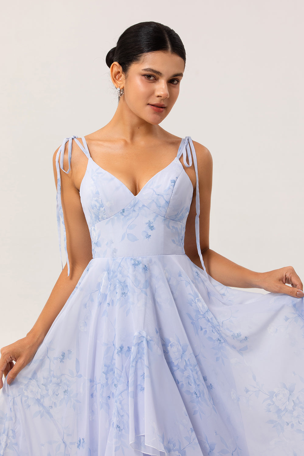 Floral Blue A Line Ruffled Spaghetti Straps Long Chiffon Wedding Guest Dress