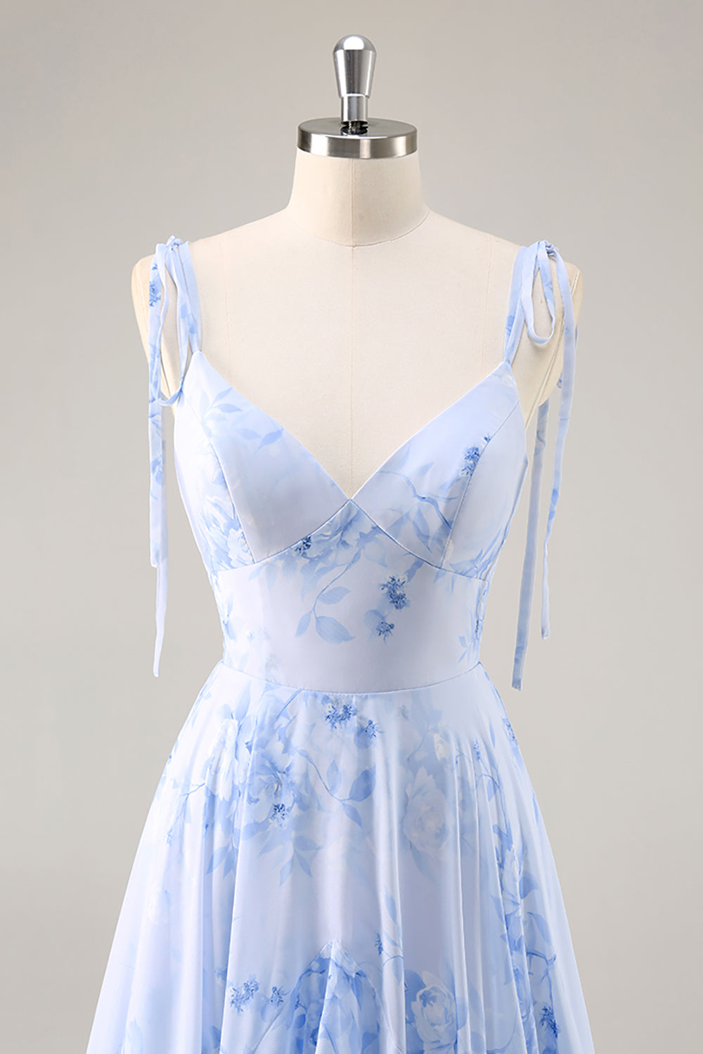 Floral Blue Chiffon Spaghetti Straps Long Wedding Guest Dress with Ruffles