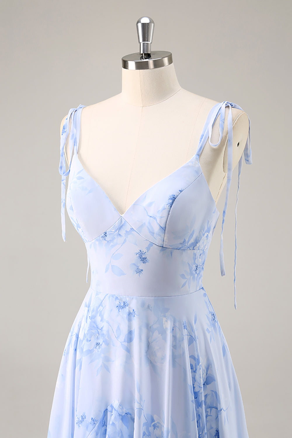 Floral Blue Chiffon Spaghetti Straps Long Wedding Guest Dress with Ruffles