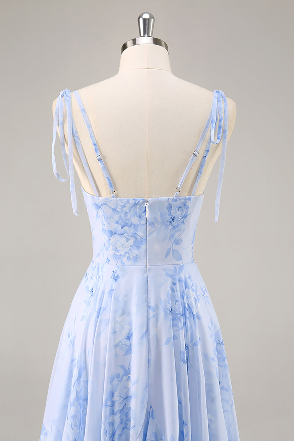 Floral Blue Chiffon Spaghetti Straps Long Wedding Guest Dress with Ruffles