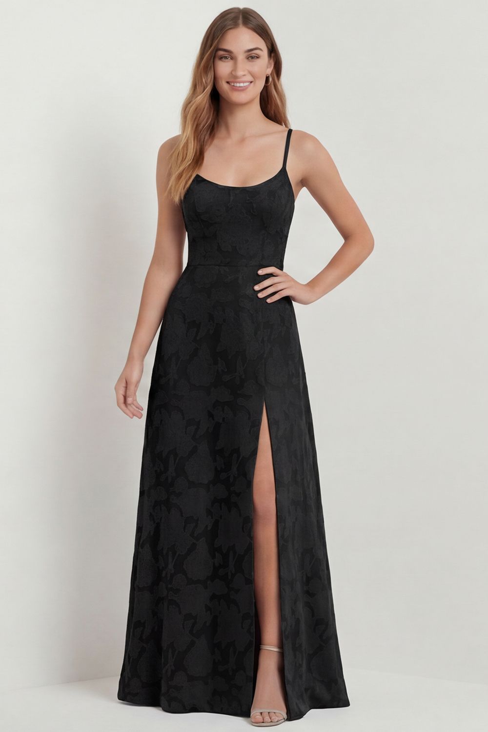 Dusty Blue Lace Spaghetti Straps Long Floral Wedding Guest Dress with Slit