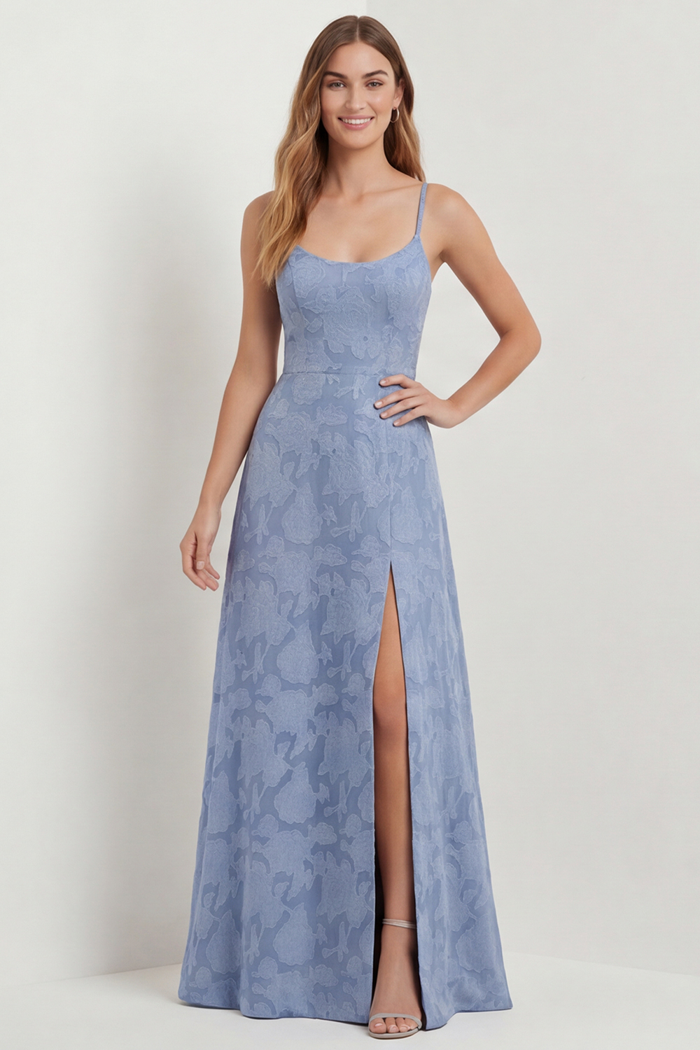 Dusty Blue Lace Spaghetti Straps Long Floral Wedding Guest Dress with Slit