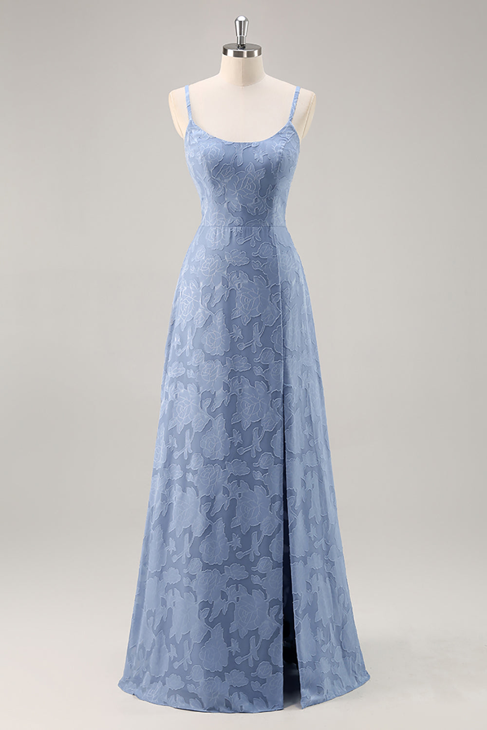 Dusty Blue Lace Spaghetti Straps Long Floral Wedding Guest Dress with Slit