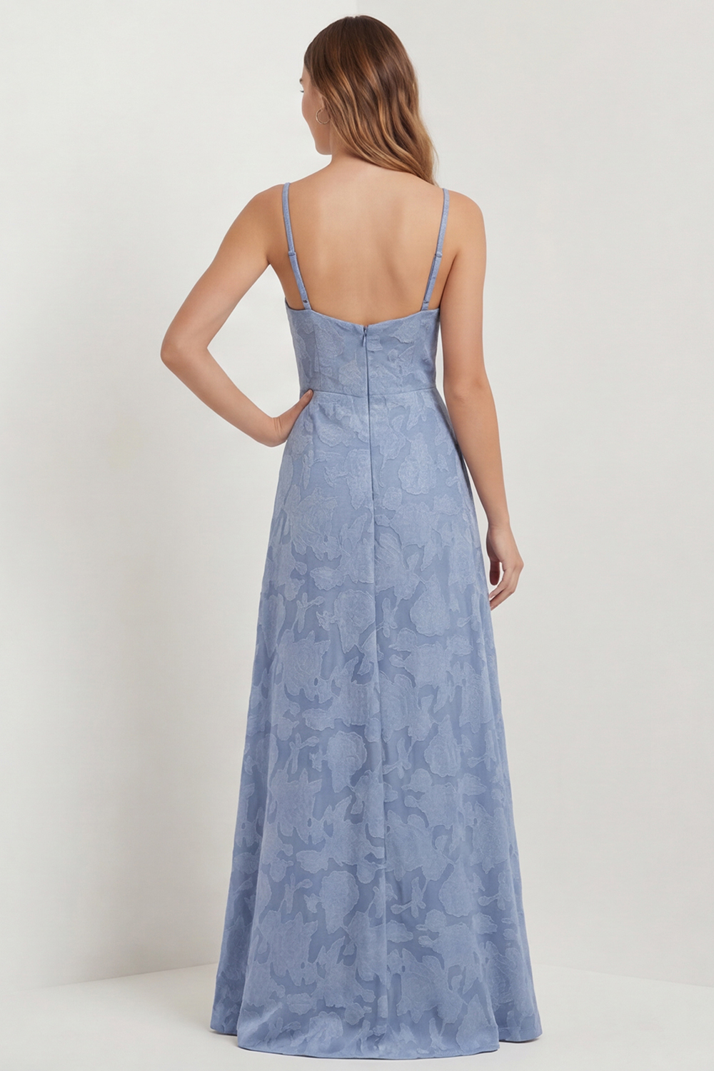Dusty Blue Lace Spaghetti Straps Long Floral Wedding Guest Dress with Slit