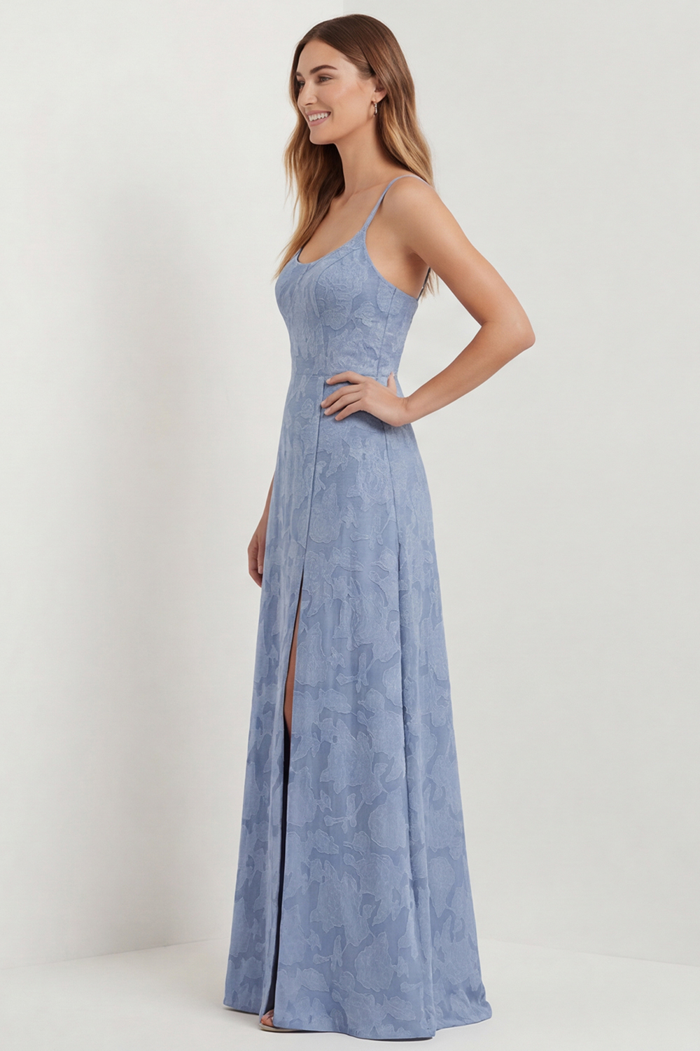 Dusty Blue Lace Spaghetti Straps Long Floral Wedding Guest Dress with Slit