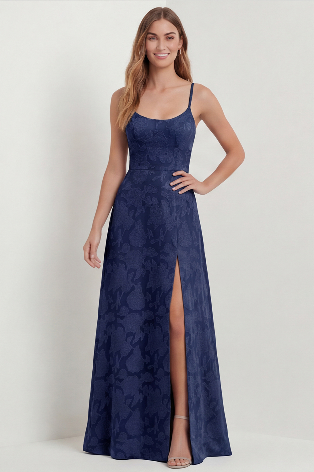Dusty Blue Lace Spaghetti Straps Long Floral Wedding Guest Dress with Slit