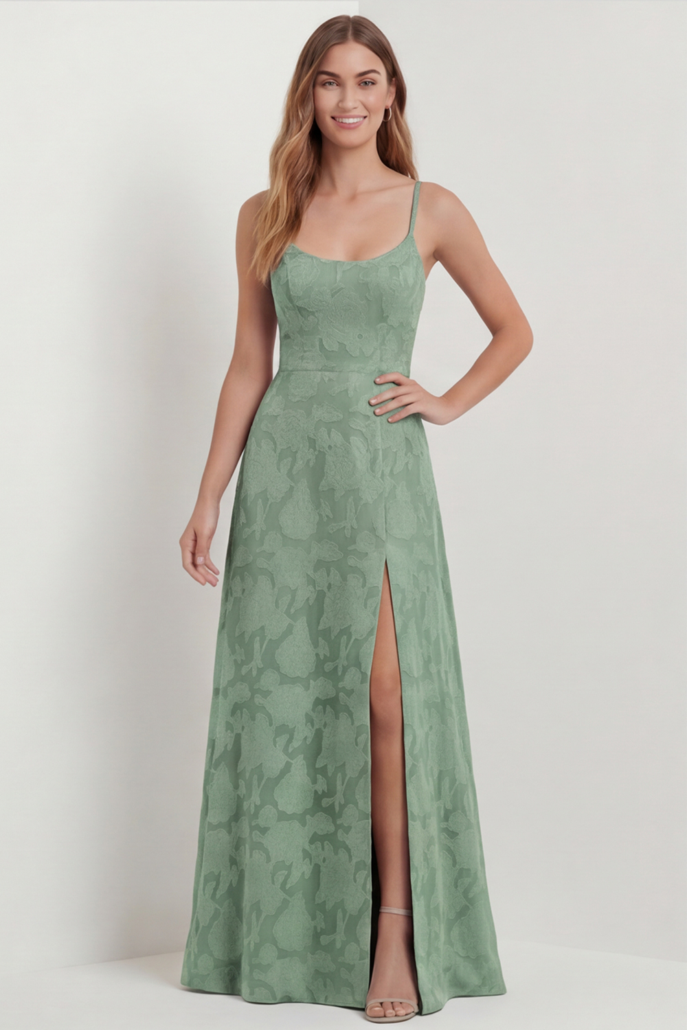 Dusty Blue Lace Spaghetti Straps Long Floral Wedding Guest Dress with Slit