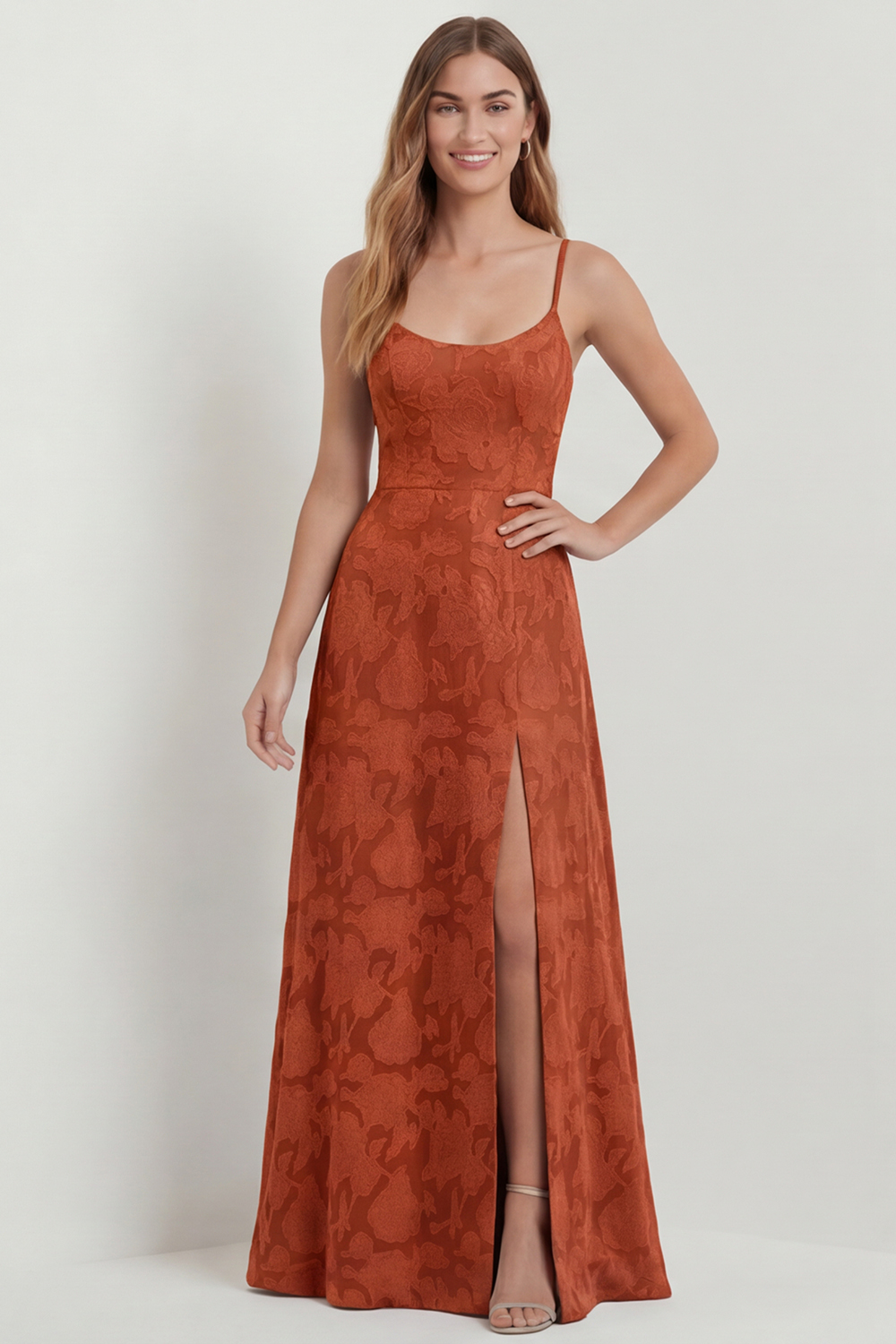 Dusty Blue Lace Spaghetti Straps Long Floral Wedding Guest Dress with Slit