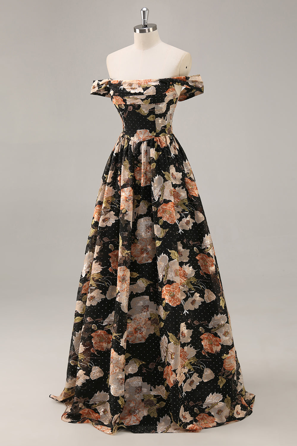 Sparkly Black Ruched Long Floral Wedding Guest Dress with Beading