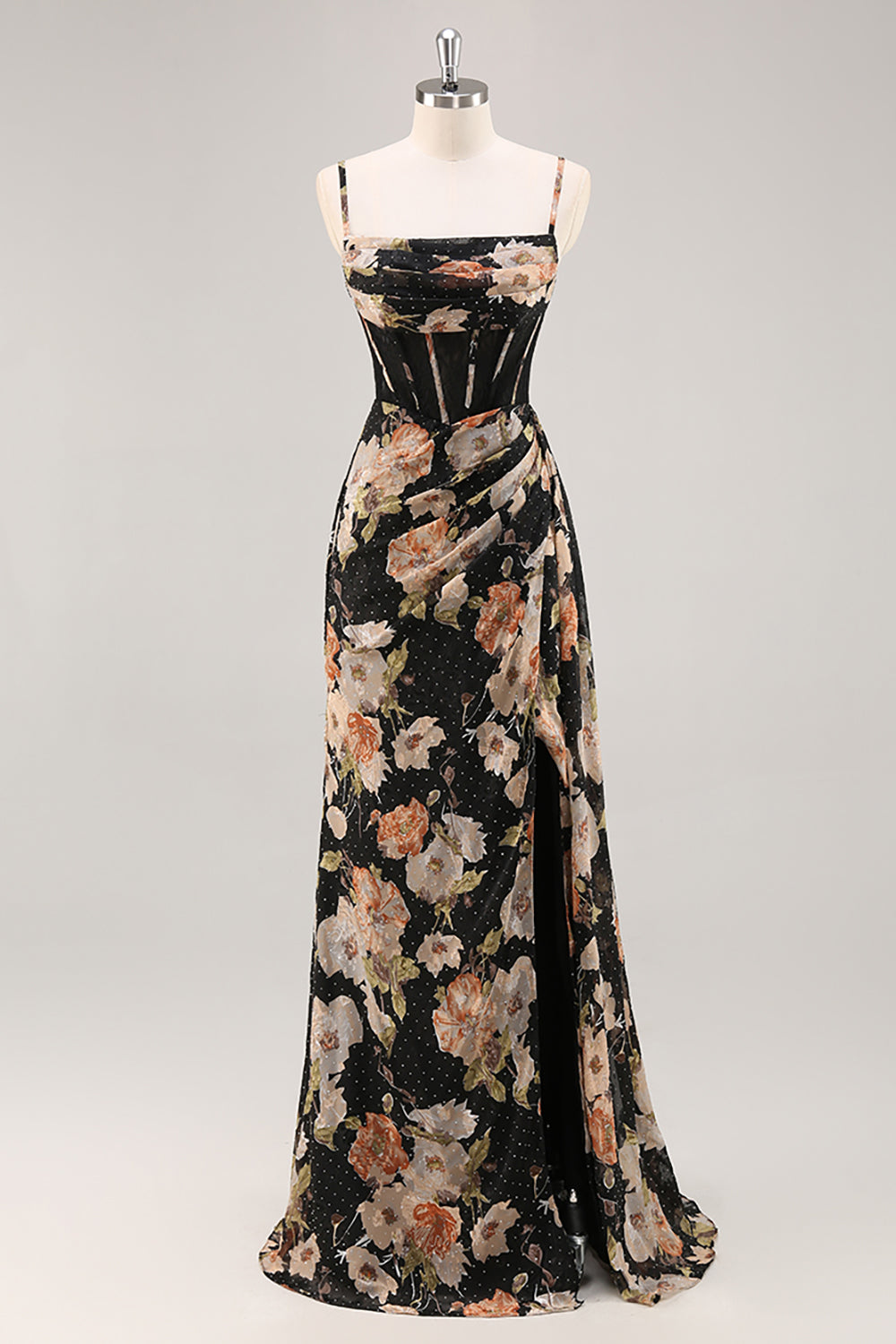 Sparkly Black Corset Beaded Long Floral Wedding Guest Dress with Slit