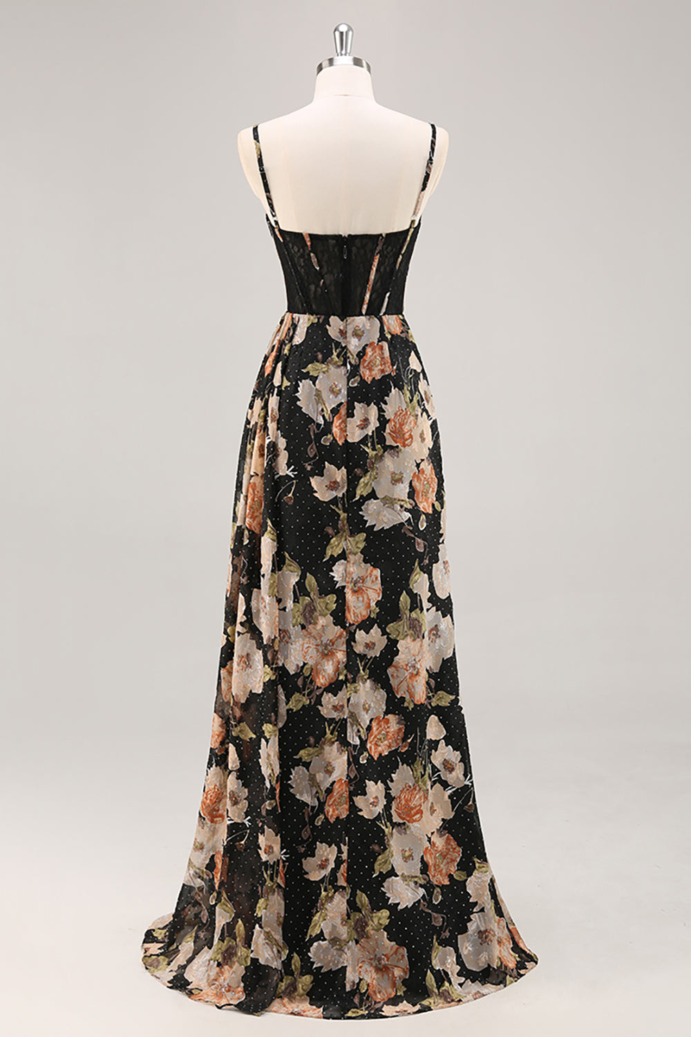 Sparkly Black Corset Beaded Long Floral Wedding Guest Dress with Slit