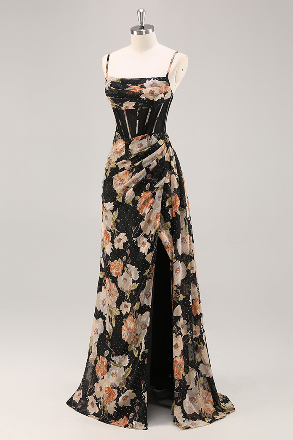 Sparkly Black Corset Beaded Long Floral Wedding Guest Dress with Slit
