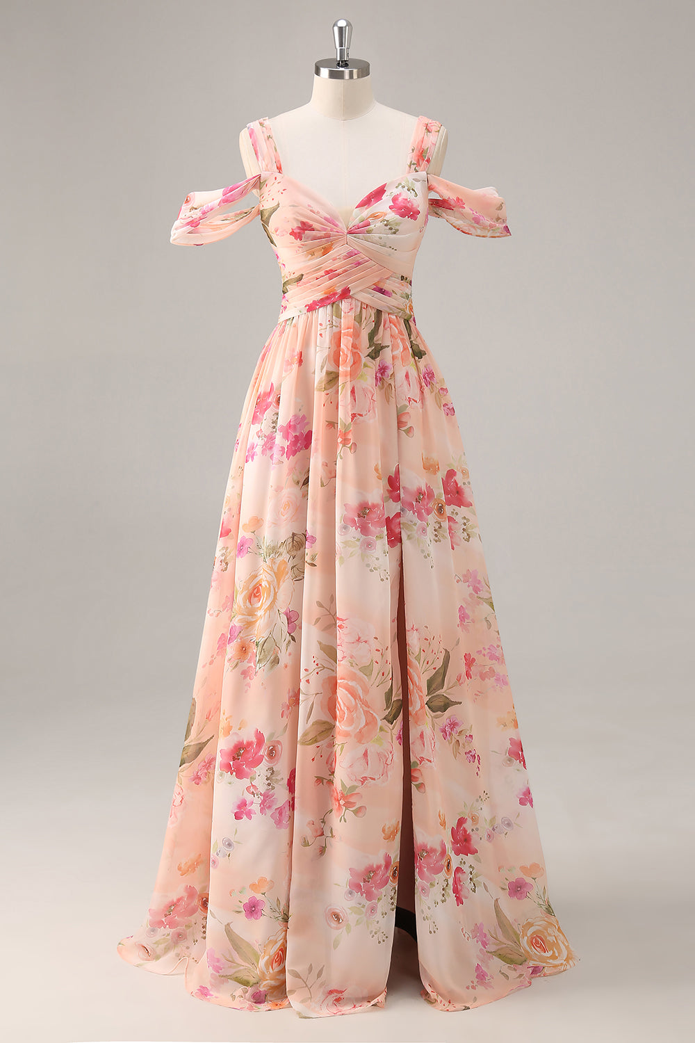 Pink Chiffon Ruched A Line Long Floral Wedding Guest Dress with Slit