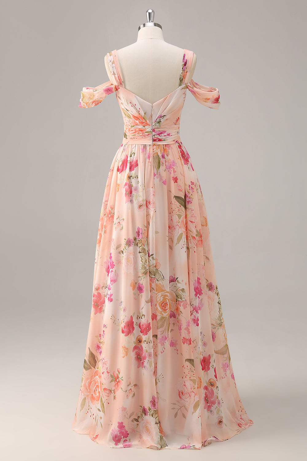 Pink Chiffon Ruched A Line Long Floral Wedding Guest Dress with Slit