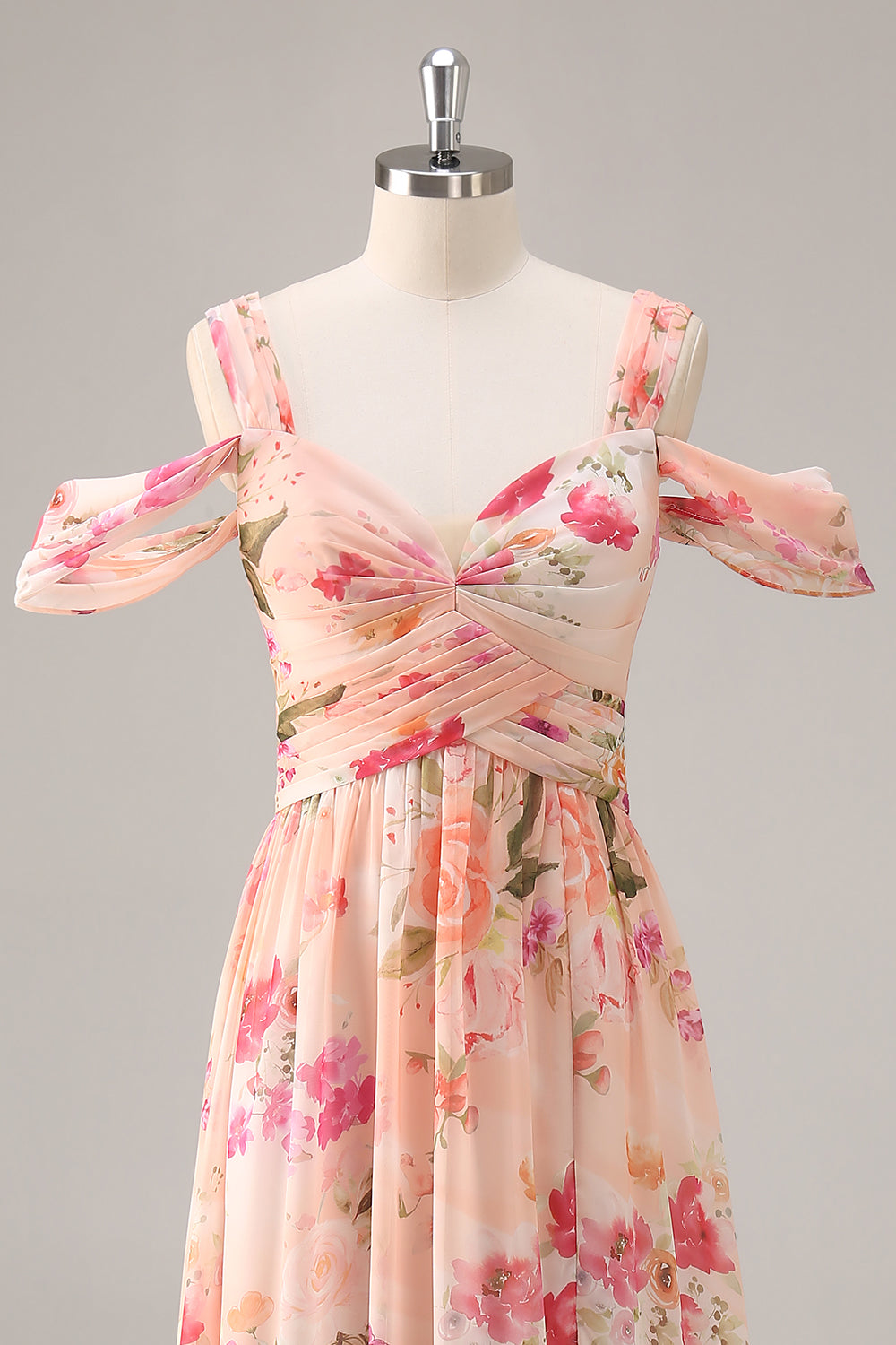 Pink Chiffon Ruched A Line Long Floral Wedding Guest Dress with Slit