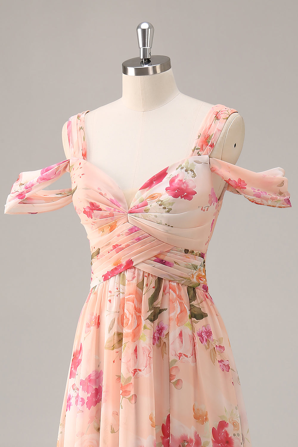 Pink Chiffon Ruched A Line Long Floral Wedding Guest Dress with Slit