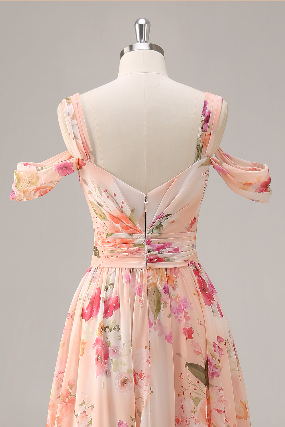 Pink Chiffon Ruched A Line Long Floral Wedding Guest Dress with Slit