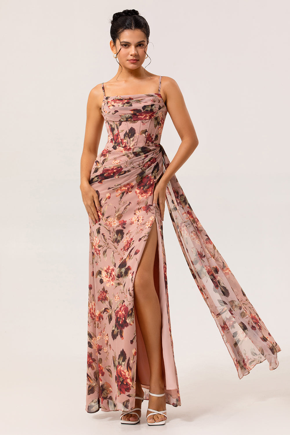 Floral Dusty Rose Corset Ruched Long Chiffon Wedding Guest Dress with Slit