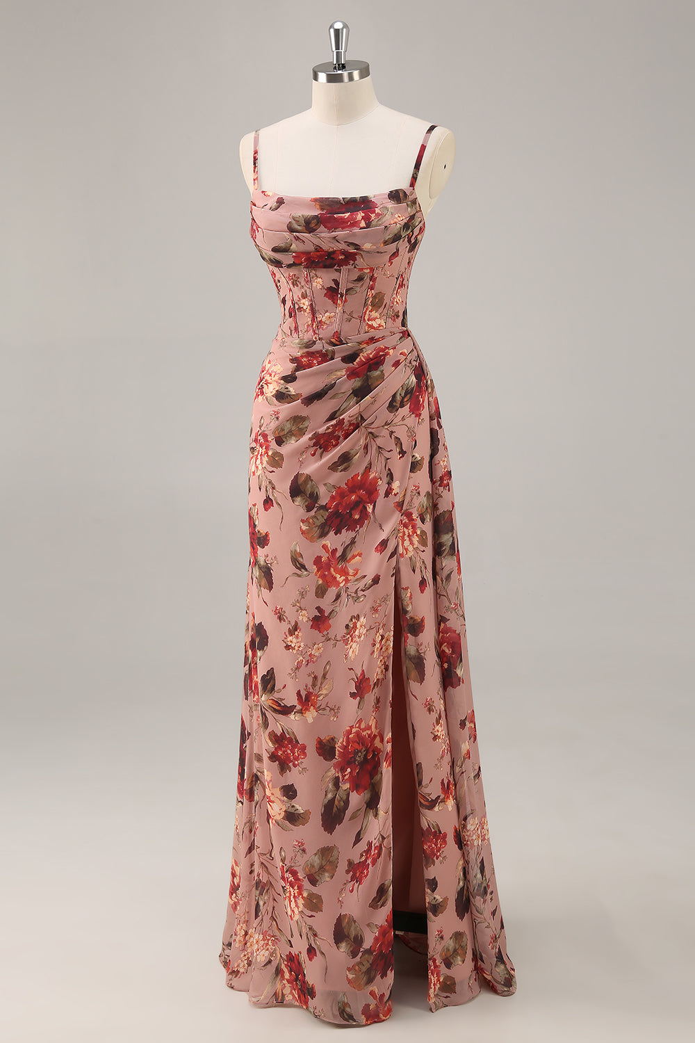 Dusty Rose Chiffon Floral Ruched Maxi Corset Wedding Guest Dress with Slit