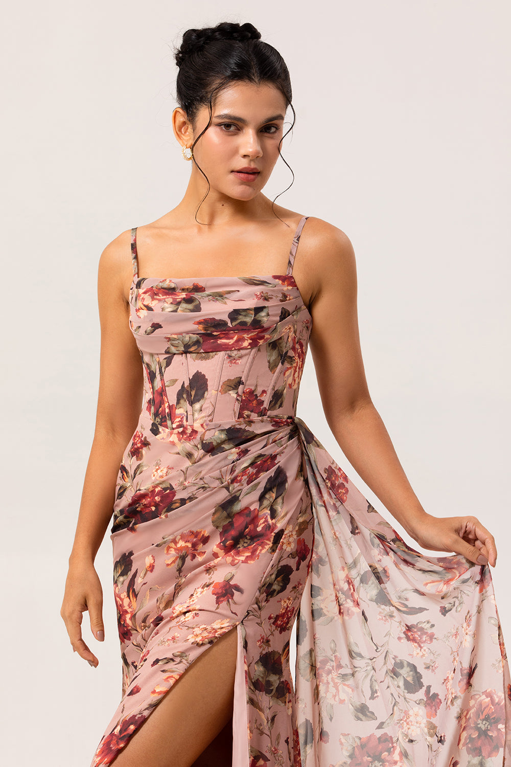 Floral Dusty Rose Corset Ruched Long Chiffon Wedding Guest Dress with Slit