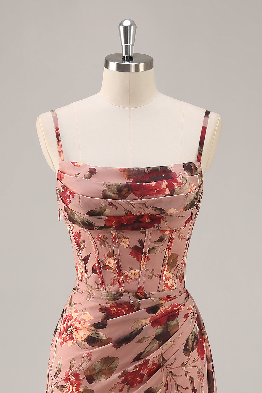 Dusty Rose Chiffon Floral Ruched Maxi Corset Wedding Guest Dress with Slit