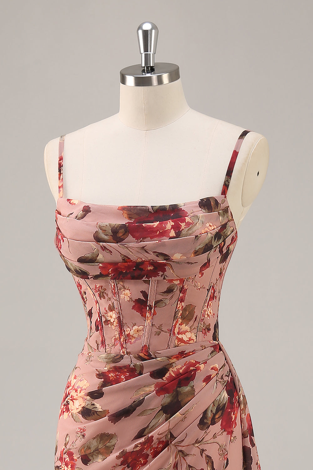Dusty Rose Chiffon Floral Ruched Maxi Corset Wedding Guest Dress with Slit