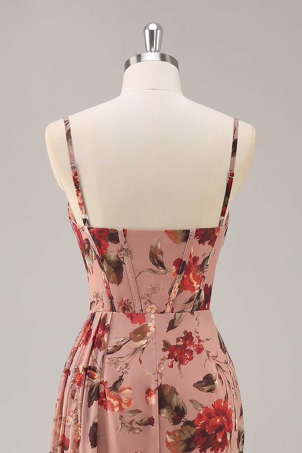 Dusty Rose Chiffon Floral Ruched Maxi Corset Wedding Guest Dress with Slit
