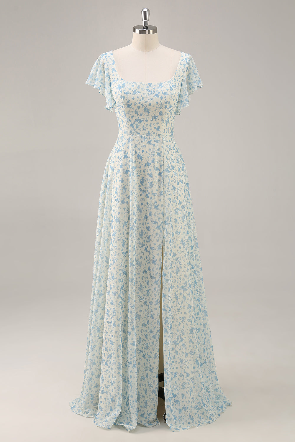 Floral Blue Chiffon A Line Long Ruffled Wedding Guest Dress with Slit