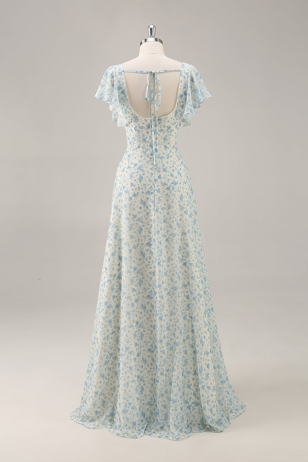 Floral Blue Chiffon A Line Long Ruffled Wedding Guest Dress with Slit