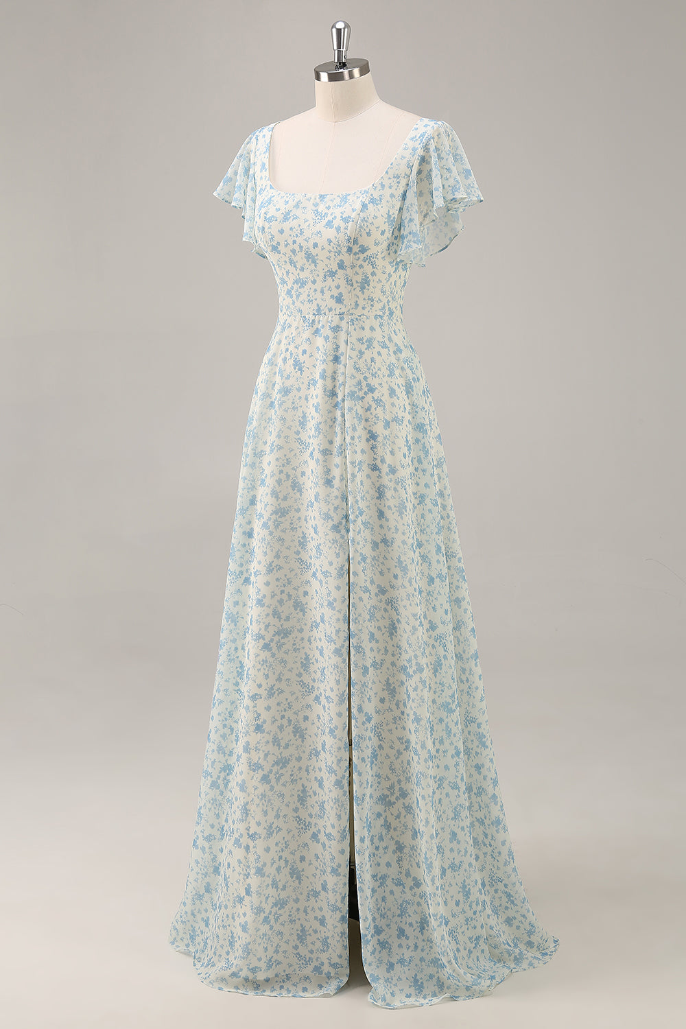 Floral Blue Chiffon A Line Long Ruffled Wedding Guest Dress with Slit