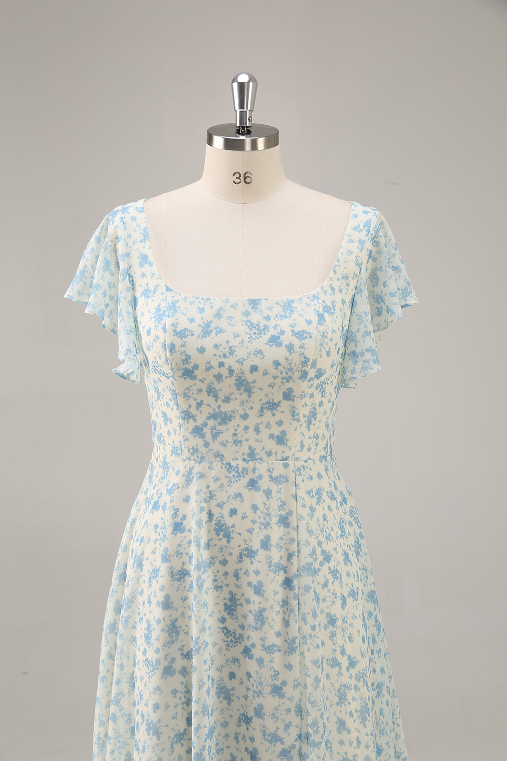 Floral Blue Chiffon A Line Long Ruffled Wedding Guest Dress with Slit