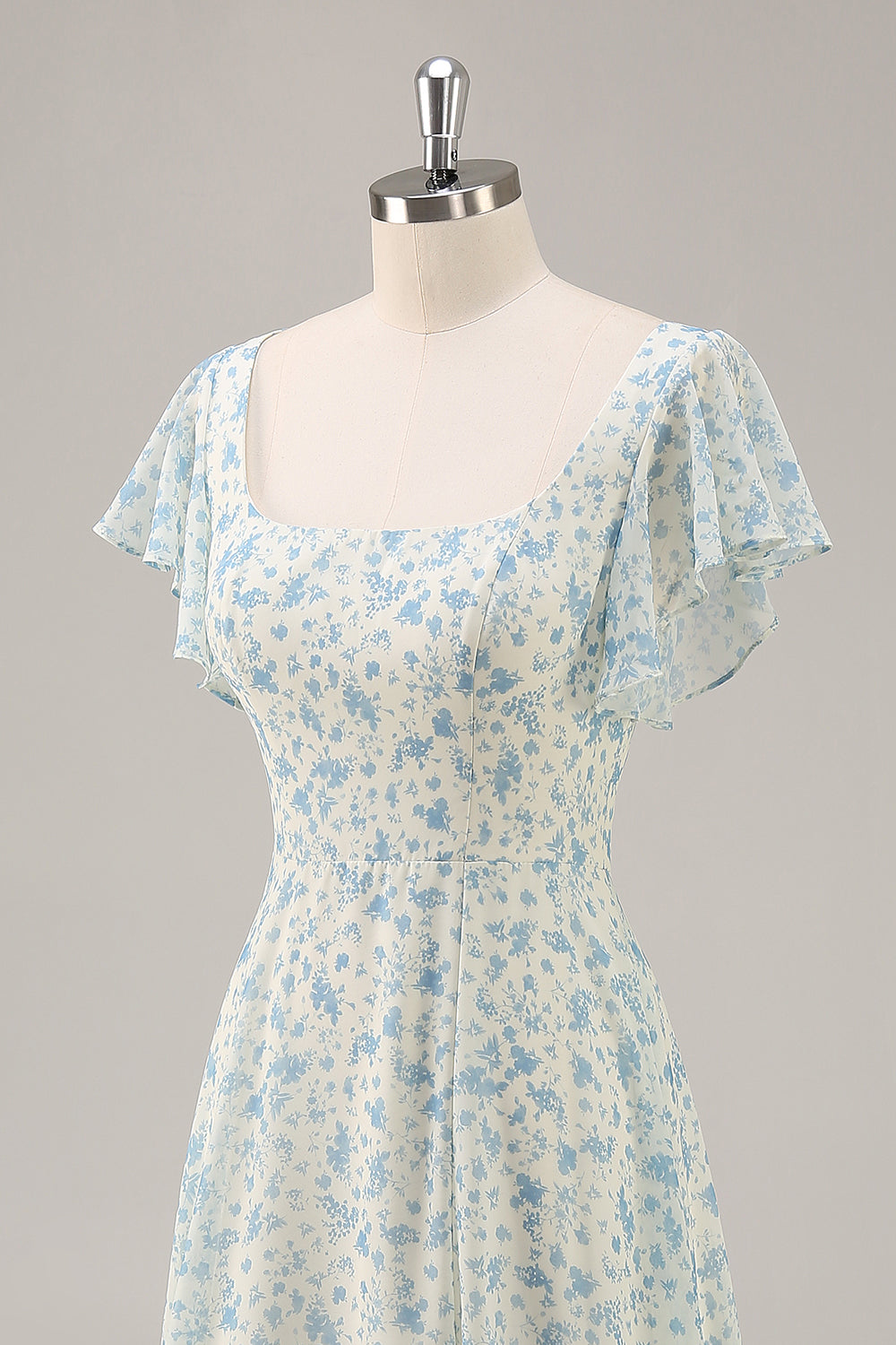 Floral Blue Chiffon A Line Long Ruffled Wedding Guest Dress with Slit