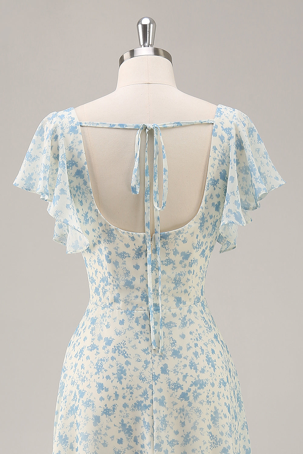 Floral Blue Chiffon A Line Long Ruffled Wedding Guest Dress with Slit