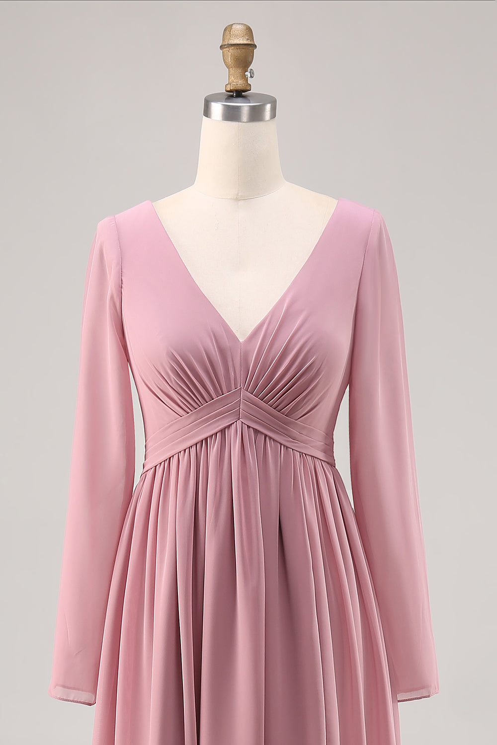 Simple Dusty Rose V-Neck Long Sleeves Wedding Guest Dress with Slit
