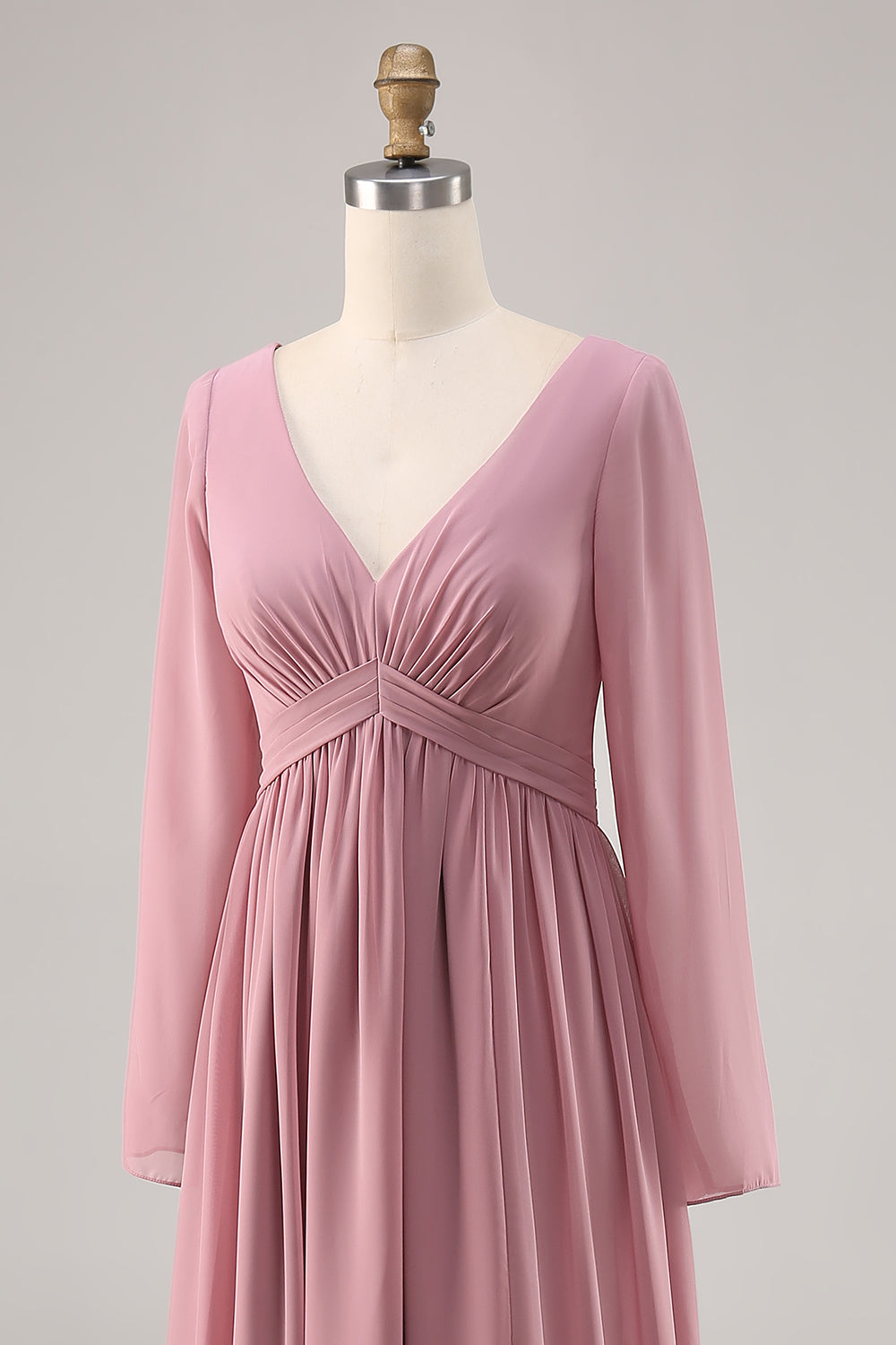 Simple Dusty Rose V-Neck Long Sleeves Wedding Guest Dress with Slit