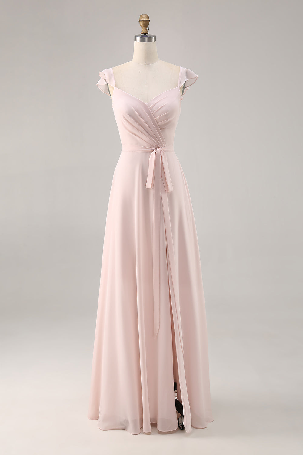 Candy Pink Ruched Long Chiffon Wedding Guest Dress with Slit