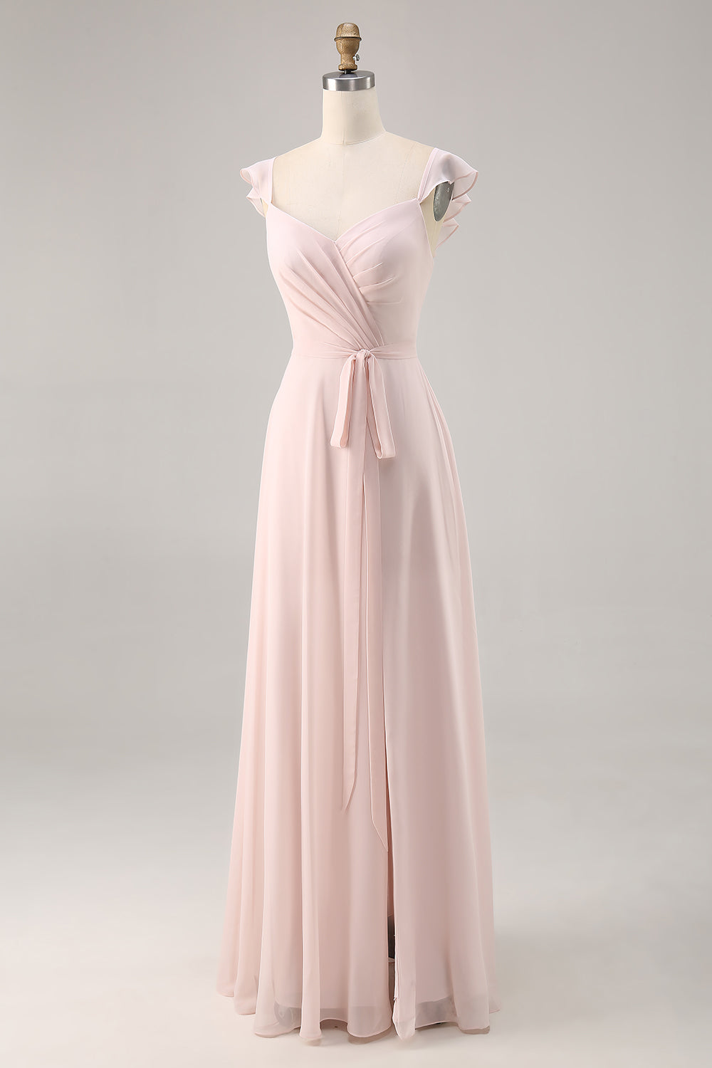 Candy Pink Ruched Long Chiffon Wedding Guest Dress with Slit