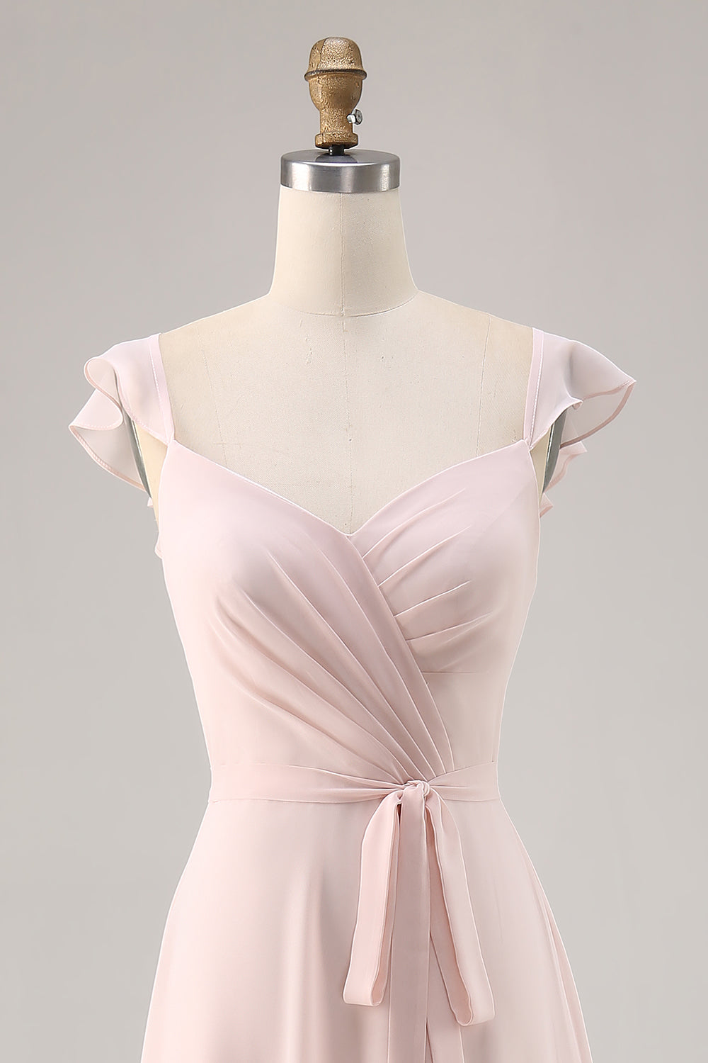 Candy Pink Ruched Long Chiffon Wedding Guest Dress with Slit