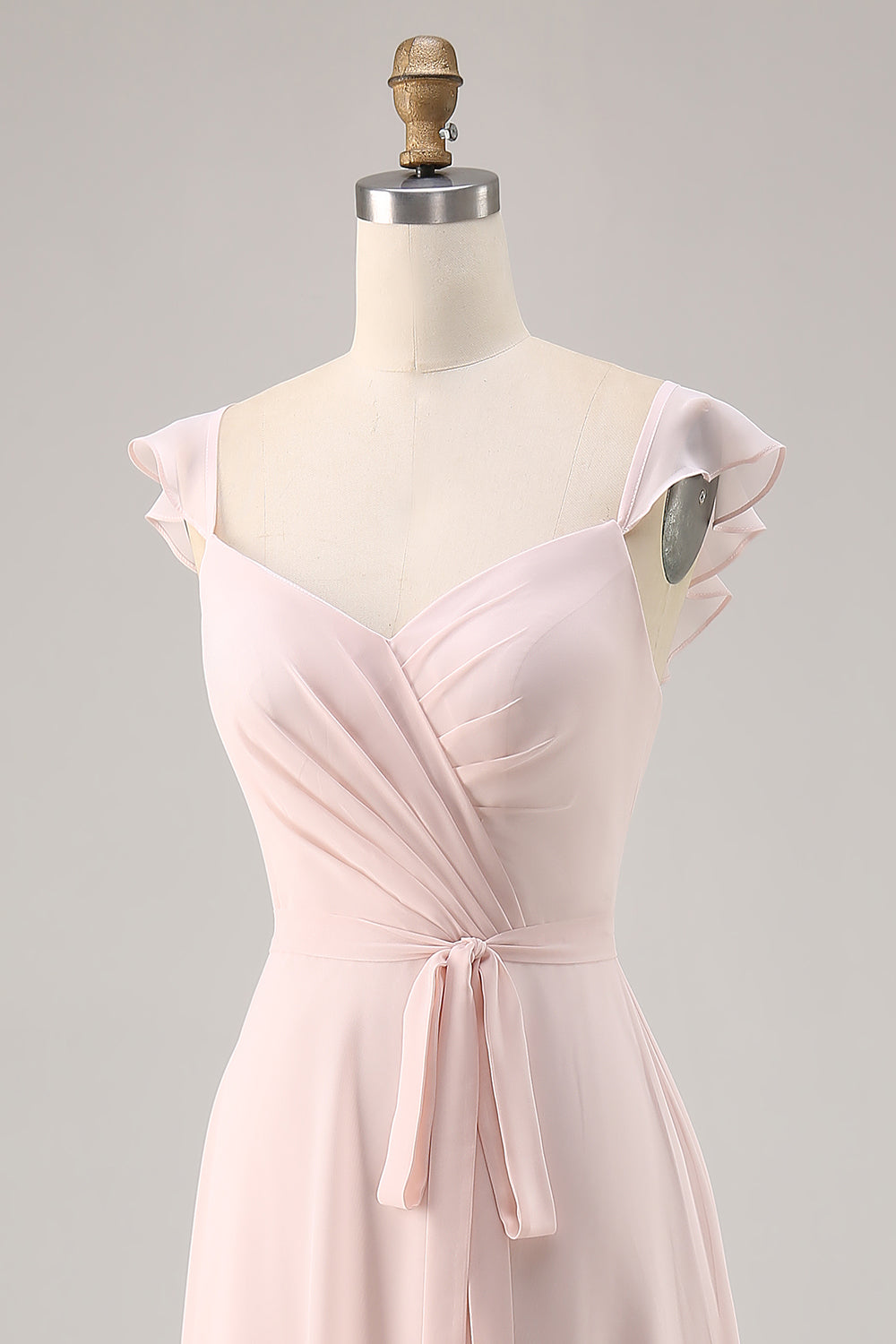 Candy Pink Ruched Long Chiffon Wedding Guest Dress with Slit