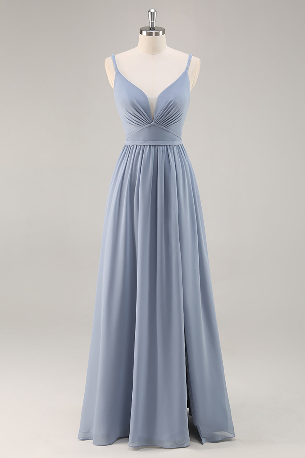 Dusty Blue Chiffon A Line Ruched Spaghetti Straps Long Wedding Guest Dress with Slit