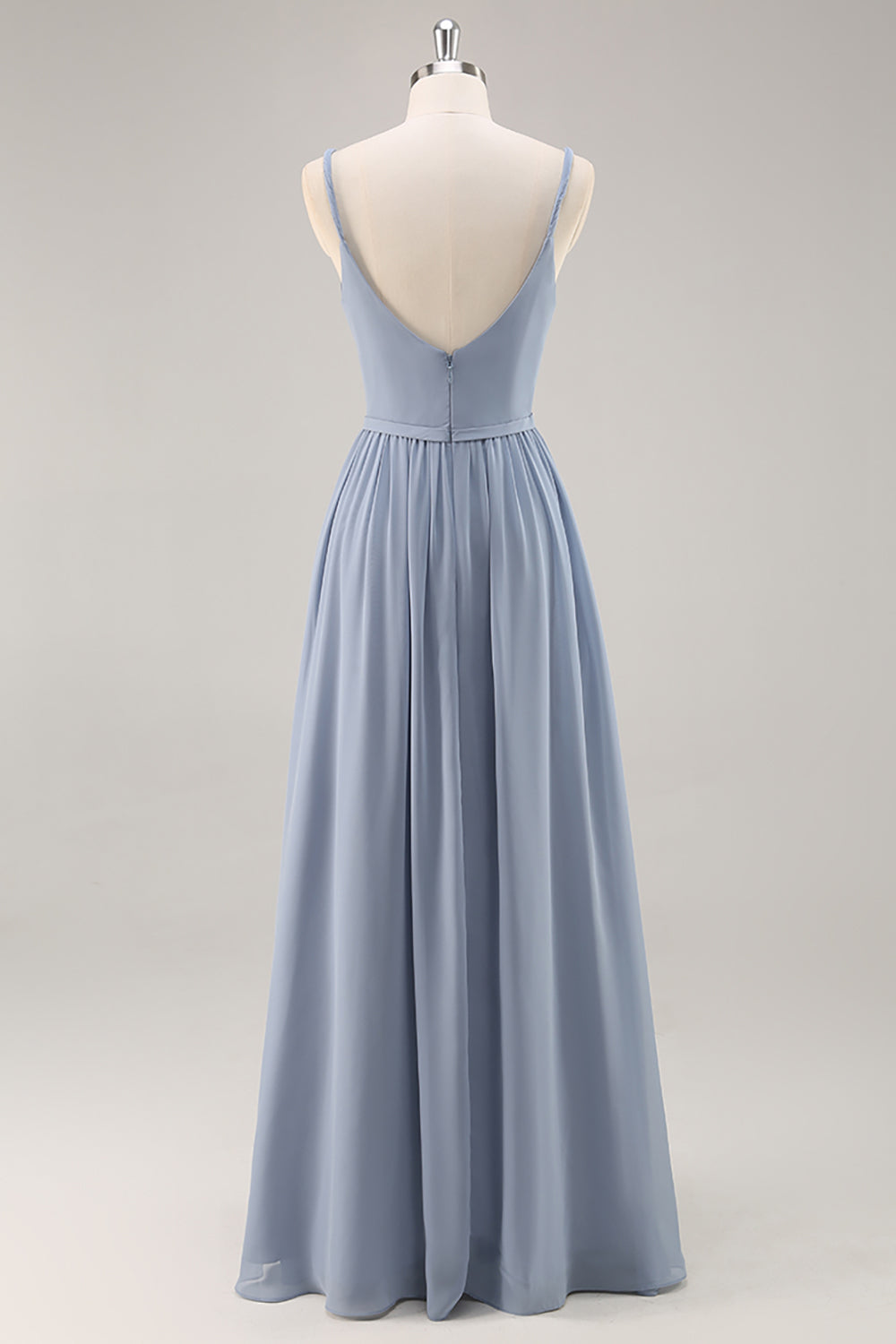 Dusty Blue Chiffon A Line Ruched Spaghetti Straps Long Wedding Guest Dress with Slit