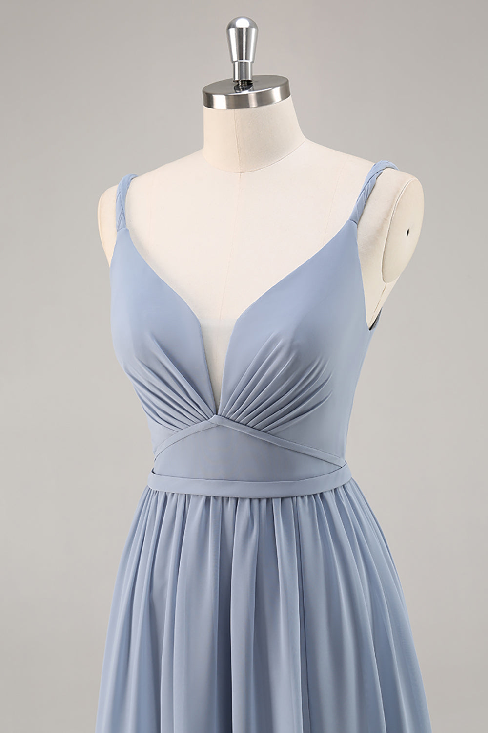 Dusty Blue Chiffon A Line Ruched Spaghetti Straps Long Wedding Guest Dress with Slit