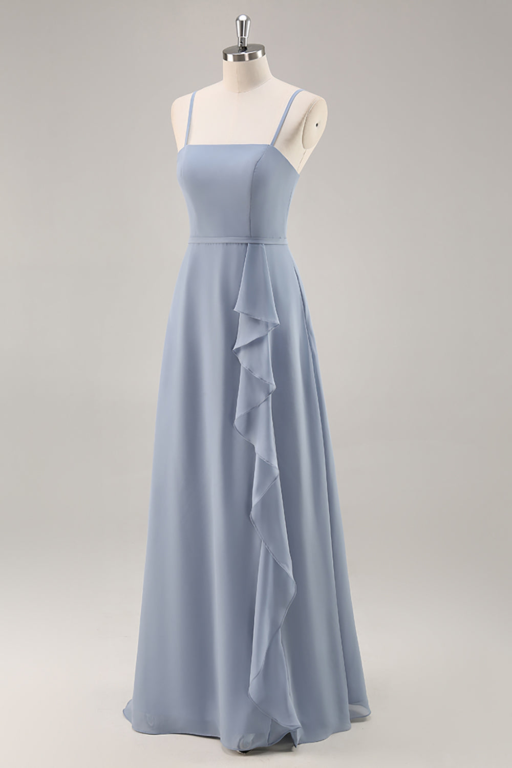 Dusty Blue Ruffled A Line Long Chiffon Wedding Guest Dress with Slit