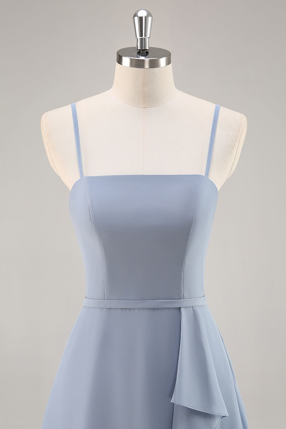 Dusty Blue Ruffled A Line Long Chiffon Wedding Guest Dress with Slit