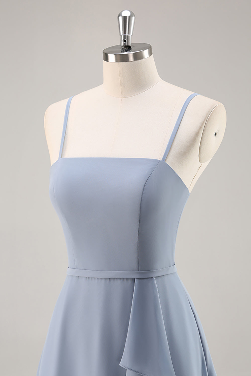Dusty Blue Ruffled A Line Long Chiffon Wedding Guest Dress with Slit