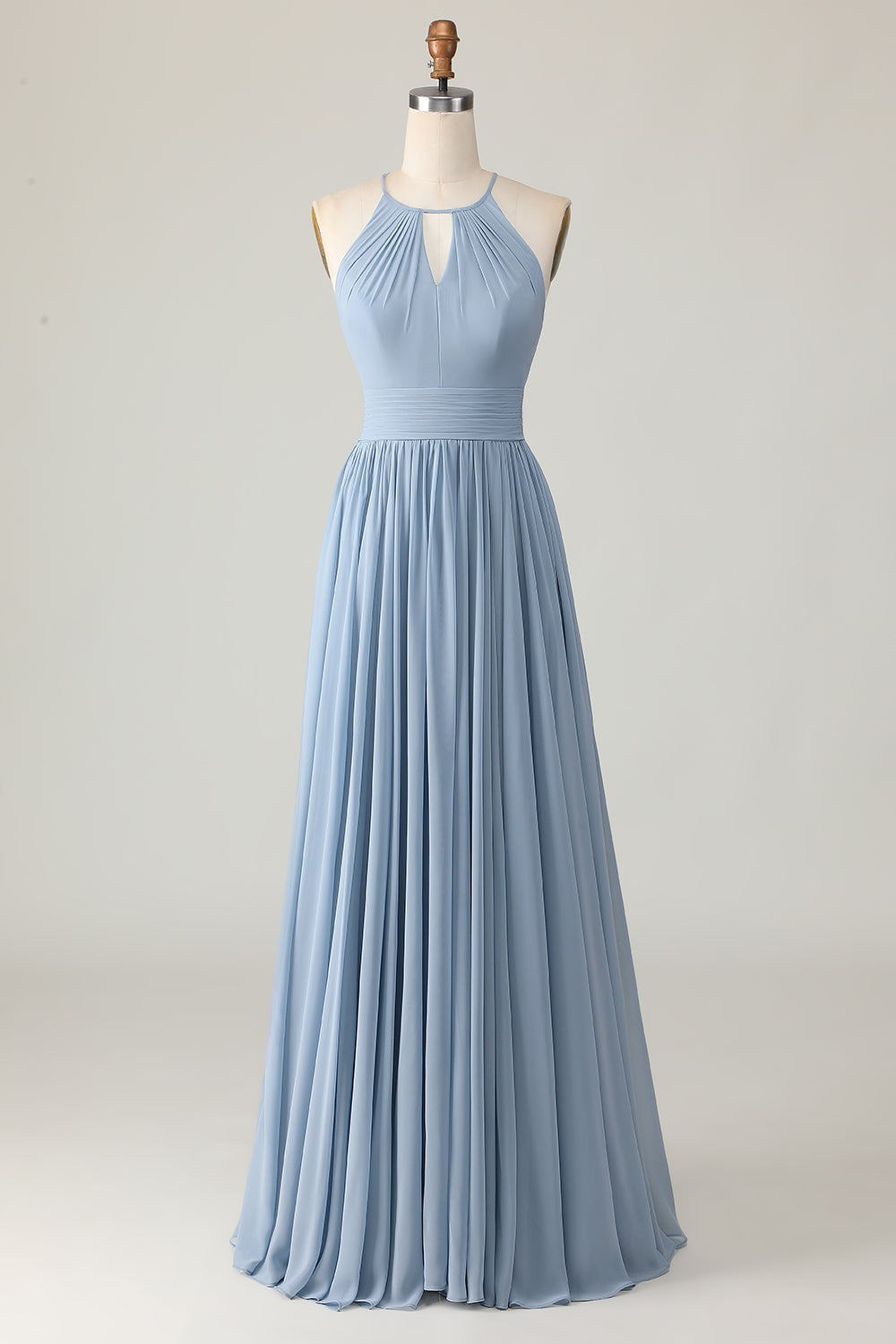 Dusty Blue Chiffon Halter Ruched Long Wedding Guest Dress with Keyhole