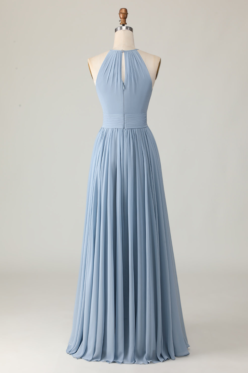 Dusty Blue Chiffon Halter Ruched Long Wedding Guest Dress with Keyhole