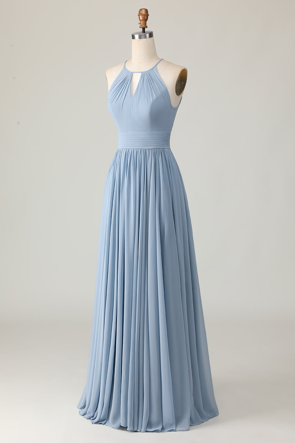 Dusty Blue Chiffon Halter Ruched Long Wedding Guest Dress with Keyhole